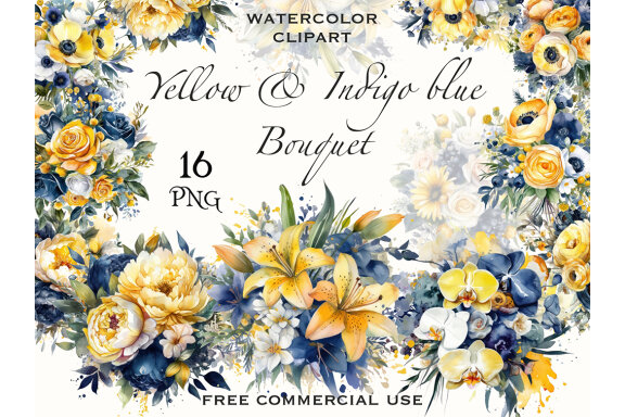 Yellow & Indigo Blue Bouquets PNG Bundle, Watercolor Flowers Clipart