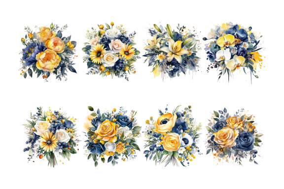 Yellow & Indigo Blue Bouquets PNG Bundle, Watercolor Flowers Clipart
