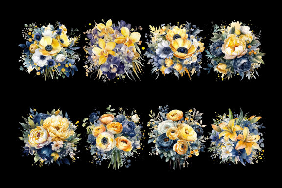 Yellow & Indigo Blue Bouquets PNG Bundle, Watercolor Flowers Clipart