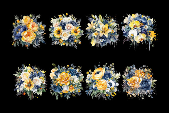 Yellow & Indigo Blue Bouquets PNG Bundle, Watercolor Flowers Clipart