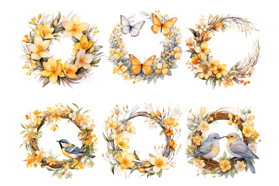 Yellow Wreath PNG bundle, Watercolor Flowers Clipart