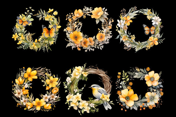 Yellow Wreath PNG bundle, Watercolor Flowers Clipart