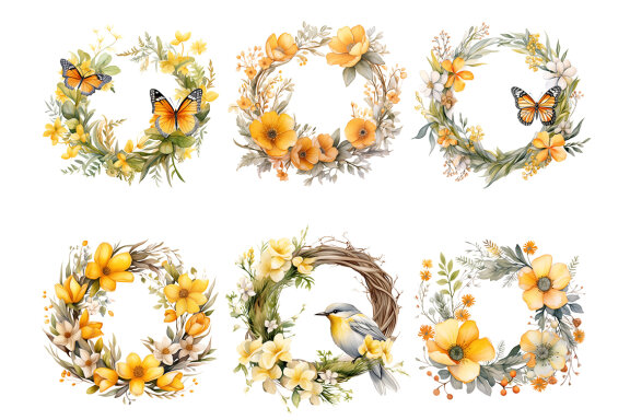 Yellow Wreath PNG bundle, Watercolor Flowers Clipart