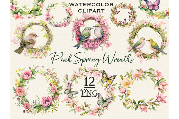 Pink Wreath PNG bundle, Watercolor Flowers Clipart