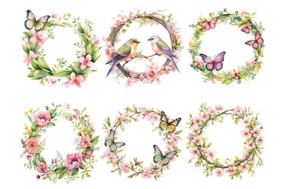 Pink Wreath PNG bundle, Watercolor Flowers Clipart