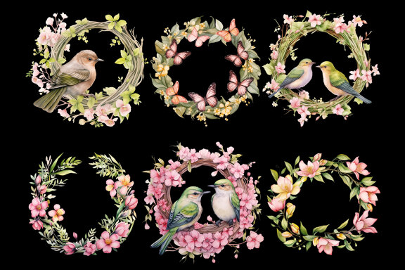 Pink Wreath PNG bundle, Watercolor Flowers Clipart