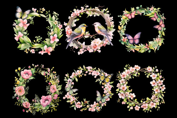 Pink Wreath PNG bundle, Watercolor Flowers Clipart