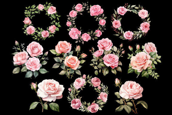 Pink Roses PNG Bundle, Watercolor Flowers Clipart