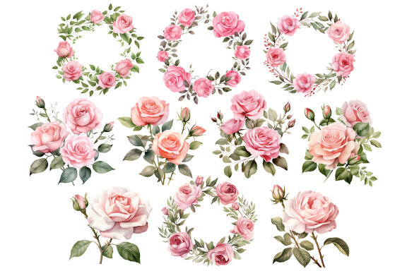 Pink Roses PNG Bundle, Watercolor Flowers Clipart