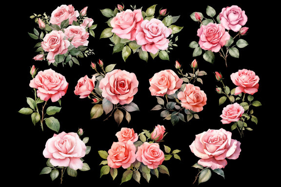 Pink Roses PNG Bundle, Watercolor Flowers Clipart