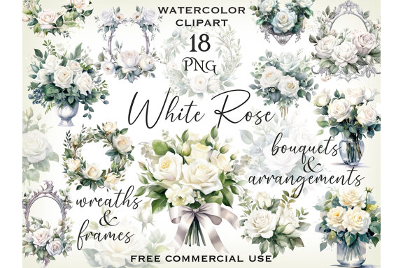 White Roses PNG Bundle, Watercolor Flowers Clipart
