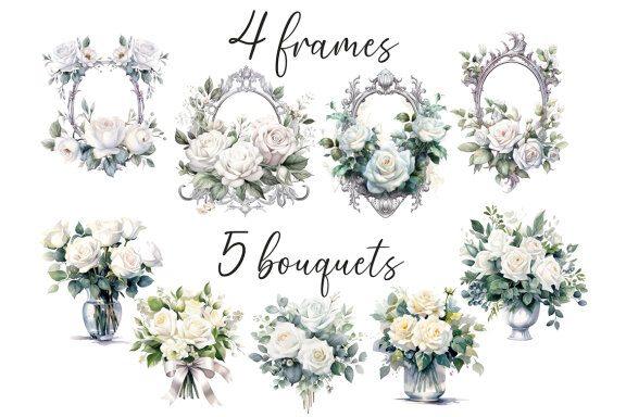 White Roses PNG Bundle, Watercolor Flowers Clipart