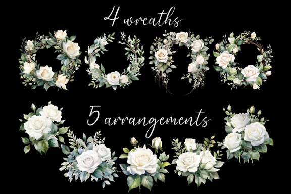 White Roses PNG Bundle, Watercolor Flowers Clipart