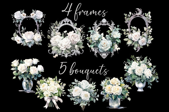 White Roses PNG Bundle, Watercolor Flowers Clipart