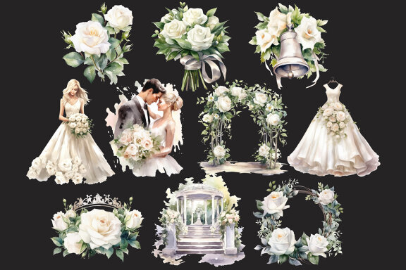 Watercolor White Rose Wedding Clipart