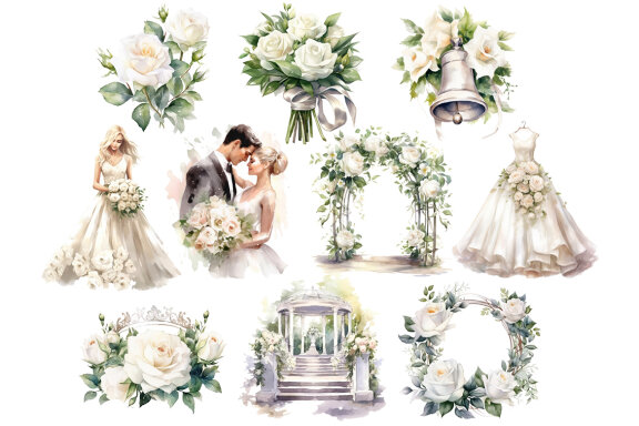 Watercolor White Rose Wedding Clipart