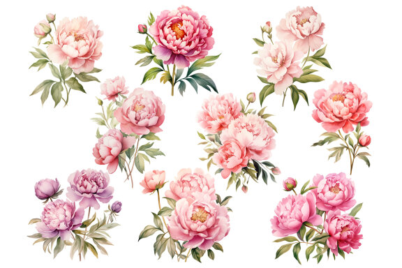 Pink Peony PNG Bundle, Watercolor peonies clipart