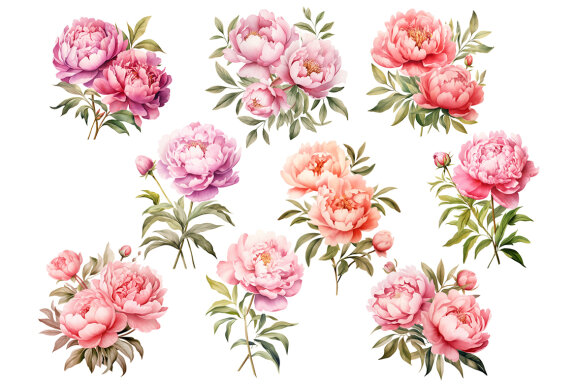 Pink Peony PNG Bundle, Watercolor peonies clipart