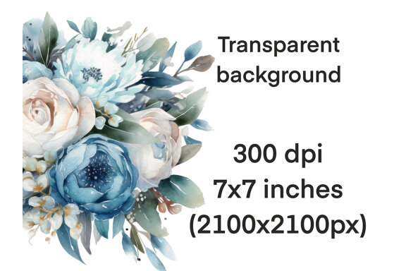 White & Blue Flower Bouquet PNG Bundle, Watercolor Flowers Clipart