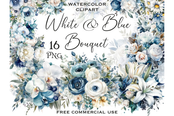 White & Blue Flower Bouquet PNG Bundle, Watercolor Flowers Clipart