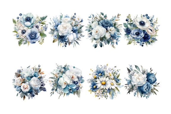 White & Blue Flower Bouquet PNG Bundle, Watercolor Flowers Clipart