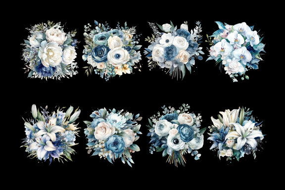 White & Blue Flower Bouquet PNG Bundle, Watercolor Flowers Clipart