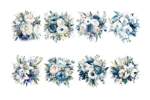 White & Blue Flower Bouquet PNG Bundle, Watercolor Flowers Clipart