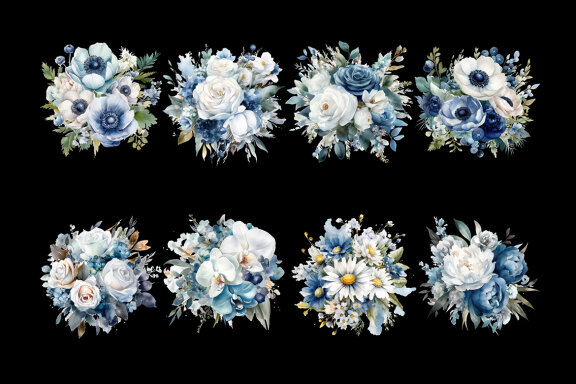 White & Blue Flower Bouquet PNG Bundle, Watercolor Flowers Clipart