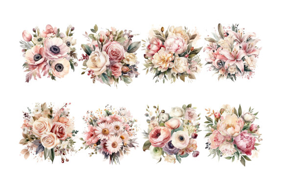 Pink & Beige Flower Bouquet PNG Bundle, Watercolor Flowers Clipart