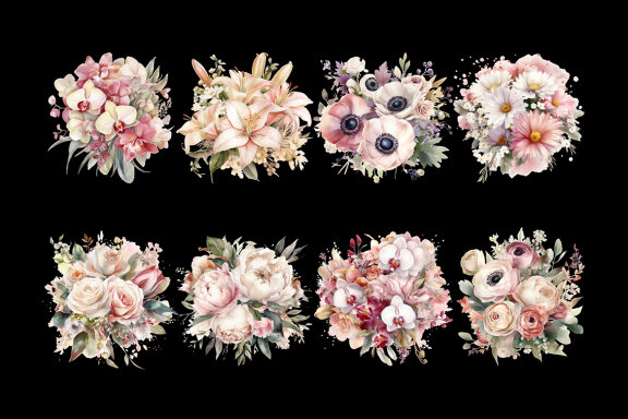 Pink & Beige Flower Bouquet PNG Bundle, Watercolor Flowers Clipart