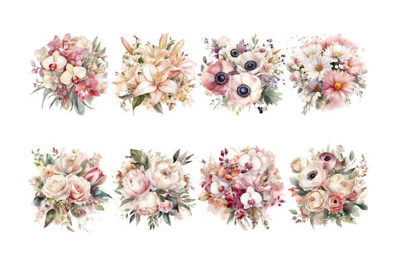 Pink & Beige Flower Bouquet PNG Bundle, Watercolor Flowers Clipart