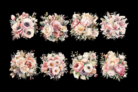 Pink & Beige Flower Bouquet PNG Bundle, Watercolor Flowers Clipart