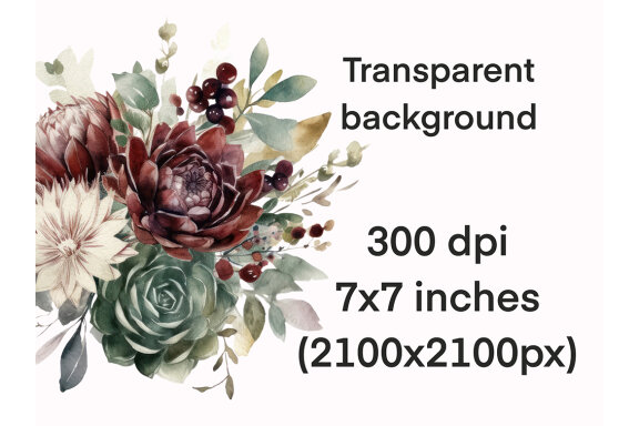Burgundy & Beige Flower Bouquet PNG Bundle, Watercolor Flowers Clipart
