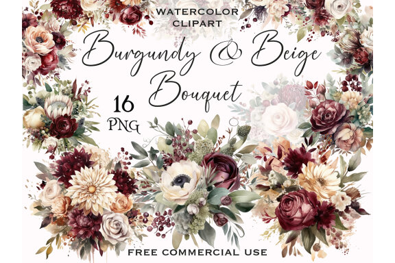 Burgundy & Beige Flower Bouquet PNG Bundle, Watercolor Flowers Clipart