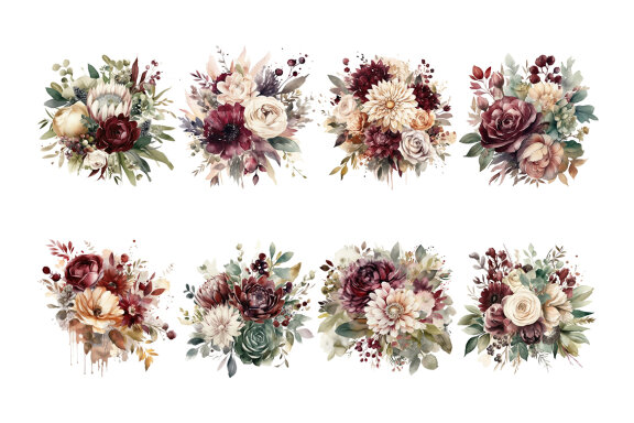 Burgundy & Beige Flower Bouquet PNG Bundle, Watercolor Flowers Clipart