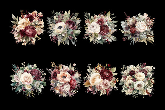 Burgundy & Beige Flower Bouquet PNG Bundle, Watercolor Flowers Clipart
