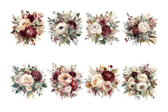 Burgundy & Beige Flower Bouquet PNG Bundle, Watercolor Flowers Clipart