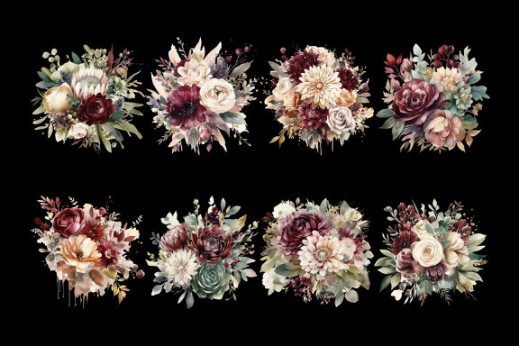 Burgundy & Beige Flower Bouquet PNG Bundle, Watercolor Flowers Clipart