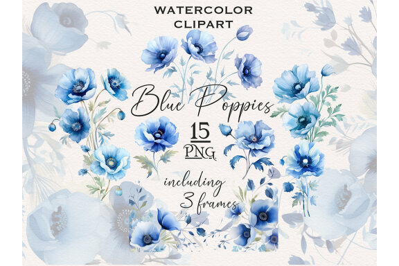 Blue California Poppy PNG Bundle, Watercolor flowers clipart