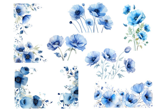 Blue California Poppy PNG Bundle, Watercolor flowers clipart