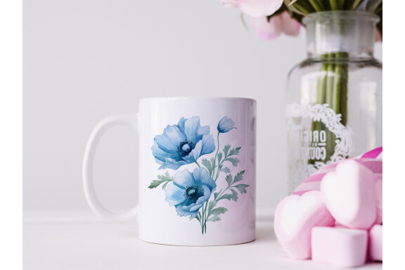 Blue California Poppy PNG Bundle, Watercolor flowers clipart