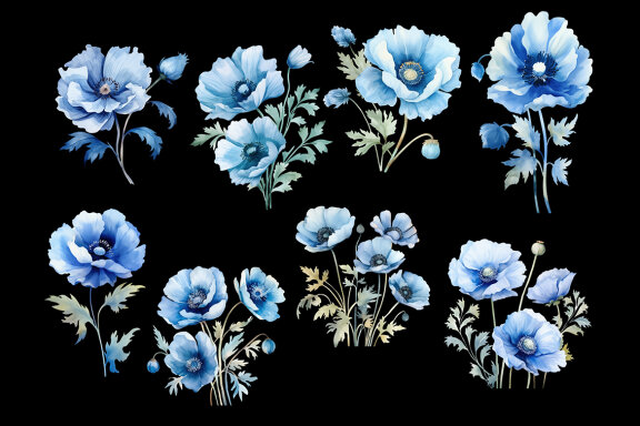 Blue California Poppy PNG Bundle, Watercolor flowers clipart
