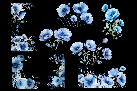 Blue California Poppy PNG Bundle, Watercolor flowers clipart