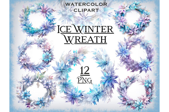 Ice Winter Wreath PNG bundle, Watercolor Flowers Clipart
