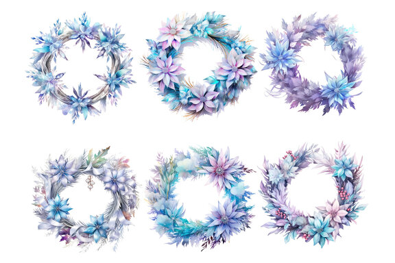 Ice Winter Wreath PNG bundle, Watercolor Flowers Clipart