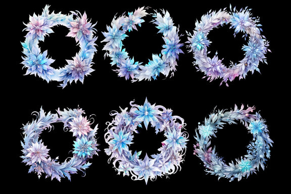 Ice Winter Wreath PNG bundle, Watercolor Flowers Clipart
