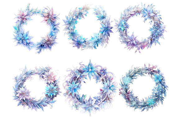Ice Winter Wreath PNG bundle, Watercolor Flowers Clipart