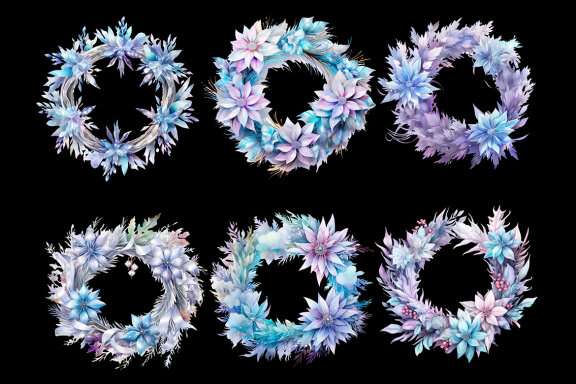 Ice Winter Wreath PNG bundle, Watercolor Flowers Clipart