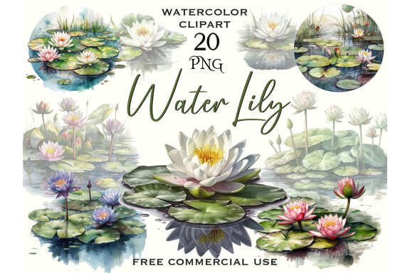 Watercolor Water Lilies Pond PNG Bundle