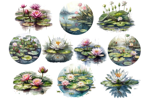 Watercolor Water Lilies Pond PNG Bundle